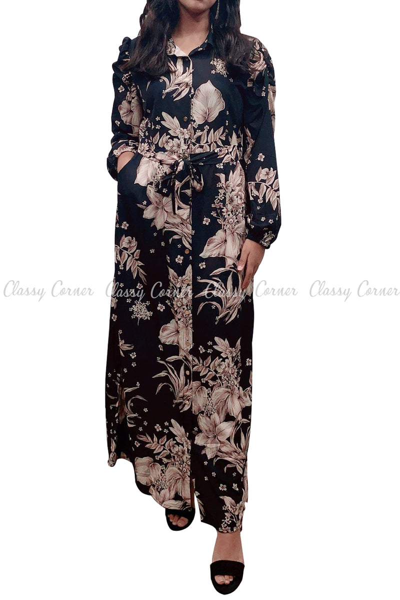 Floral Print Neutral Colour and Black Modest Long Dress