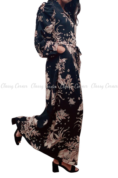 Floral Print Neutral Colour and Black Modest Long Dress - left side view
