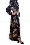 Floral Print Neutral Colour and Black Modest Long Dress - side details