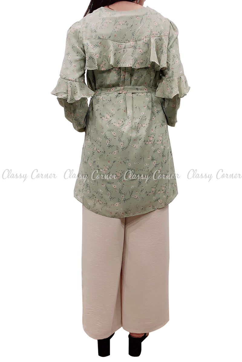 Floral Print Ruffle Sleeves Green Modest Tunic Dress