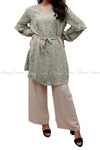 Floral Print Ruffle Sleeves Green Modest Tunic Dress - full front view