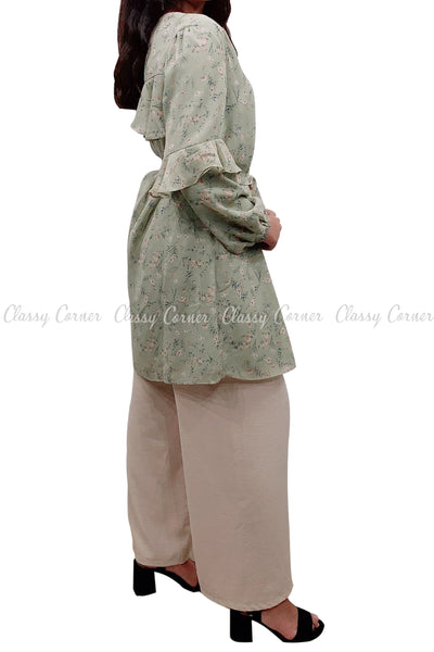 Floral Print Ruffle Sleeves Green Modest Tunic Dress - side view