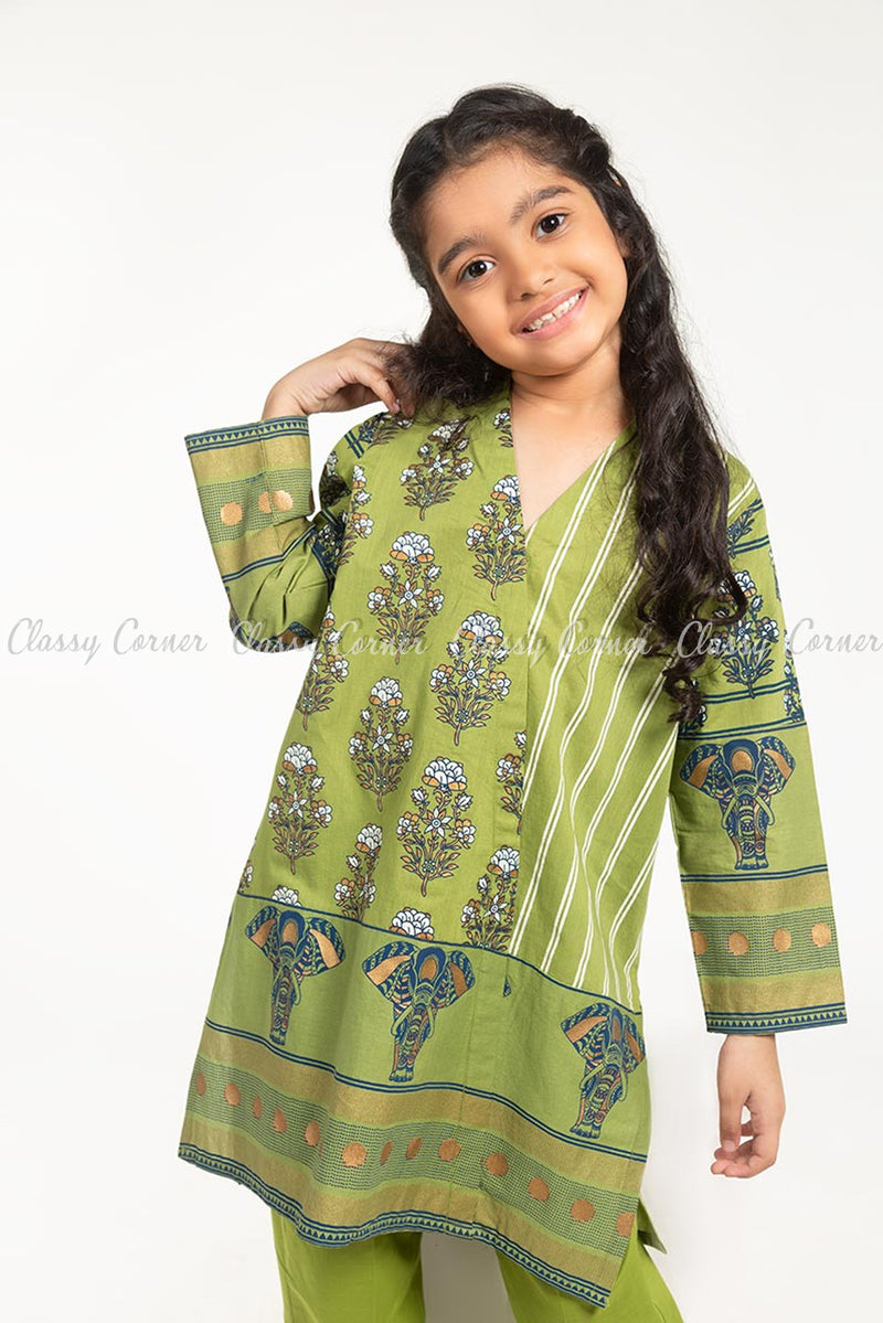 Floral and Elephant Print Green Kids Salwar Kameez - full front view