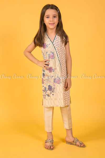 Floral and Geometric Embroidery Design Yellow Kids Salwar Kameez - full front view