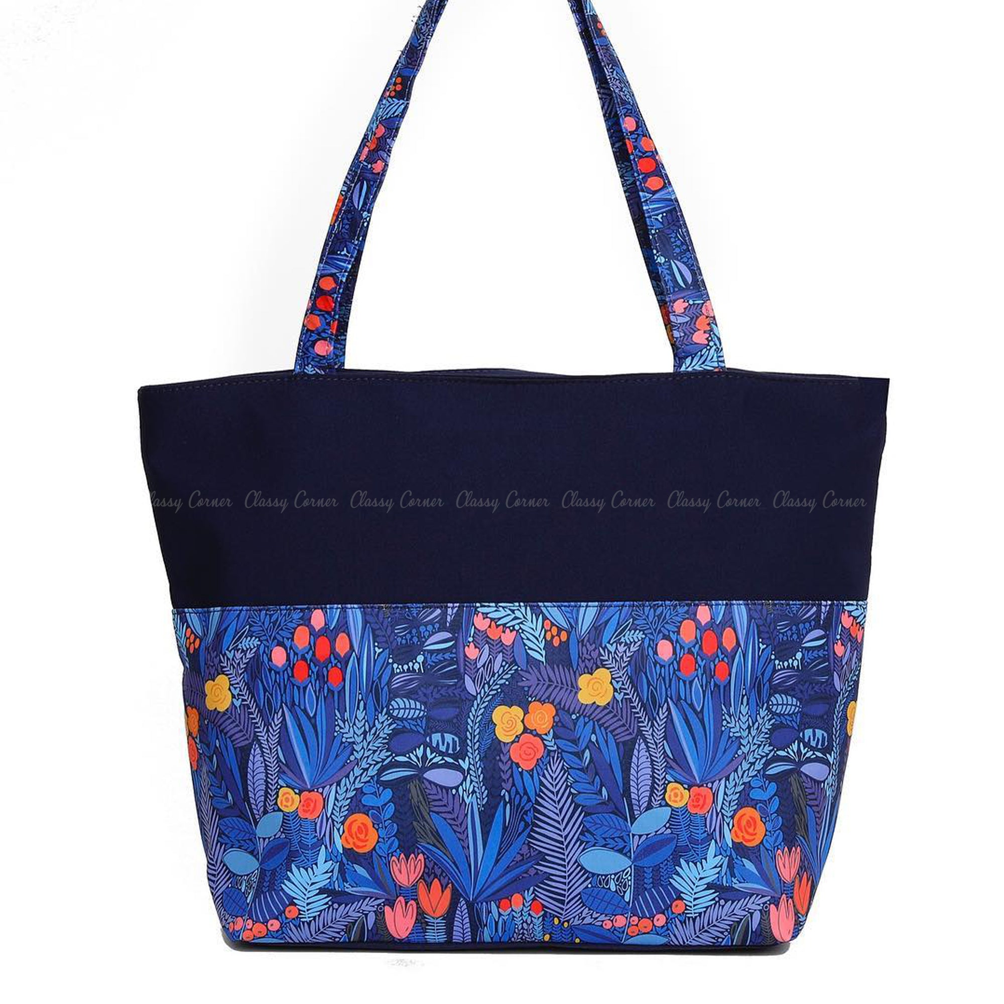 Multicolour Floral Leafy Print with Zipper Navy Blue Beach Tote Bag