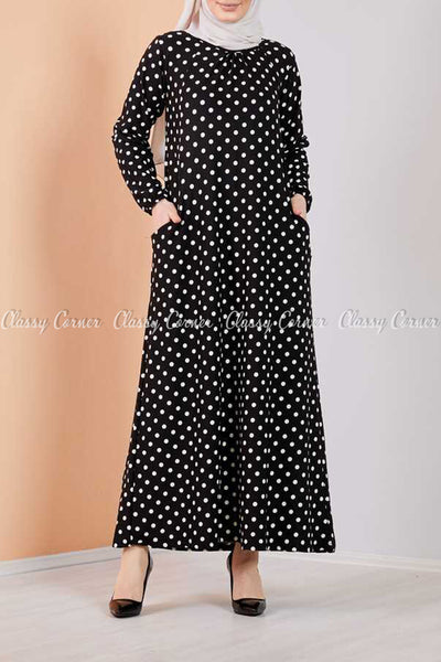 Giant Polka Dots Black Modest Long Dress - front view