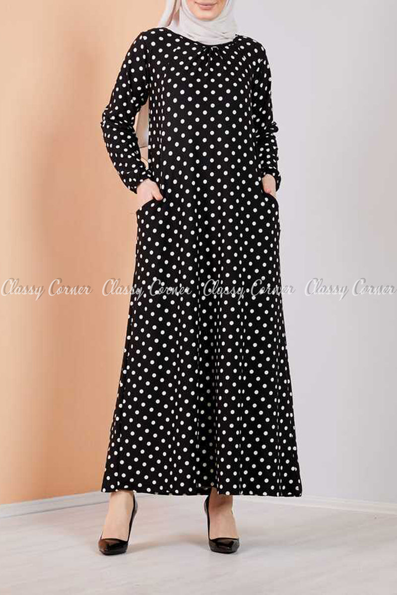 Giant Polka Dots Black Modest Long Dress - full front view
