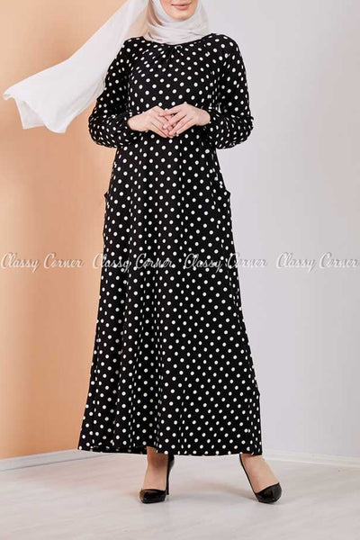 Giant Polka Dots Black Modest Long Dress - full front view
