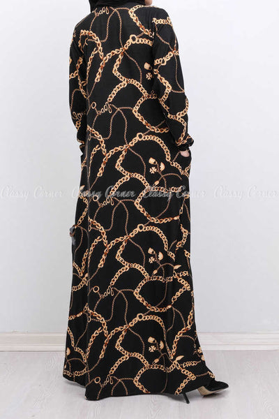 Gold Chain Print Black Modest Long Dress - back view