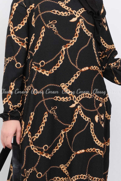 Gold Chain Print Black Modest Long Dress - detailed view
