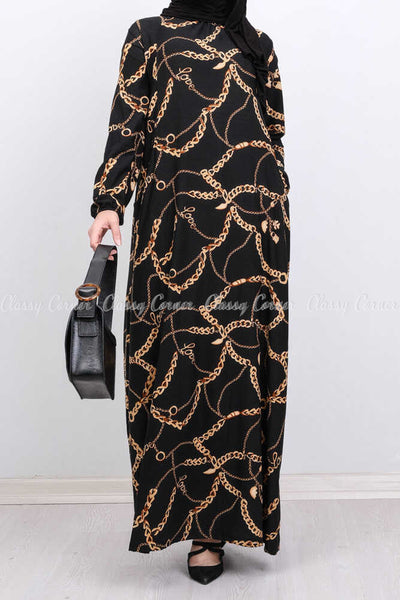 Gold Chain Print Black Modest Long Dress