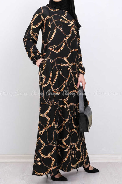Gold Chain Print Black Modest Long Dress -  front view