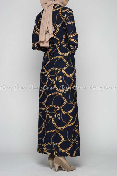 Gold Chain Print  Navy Blue Modest Long Dress - back view