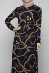 Gold Chain Print  Navy Blue Modest Long Dress - closer view