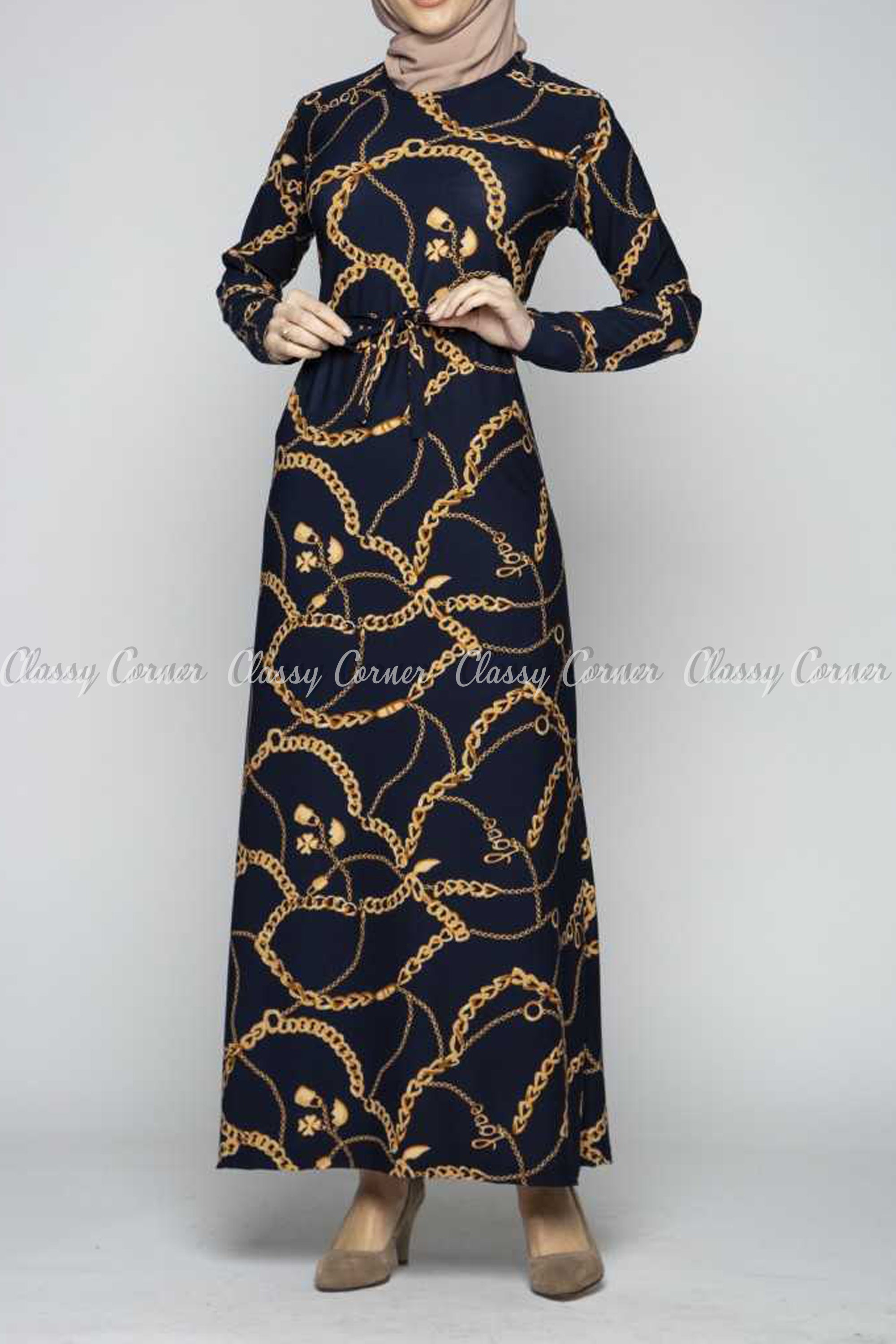 Gold Chain Print  Navy Blue Modest Long Dress - full front view