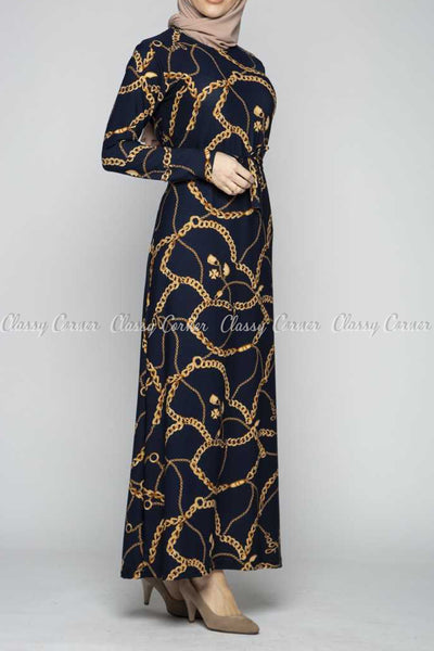 Gold Chain Print  Navy Blue Modest Long Dress - left side view