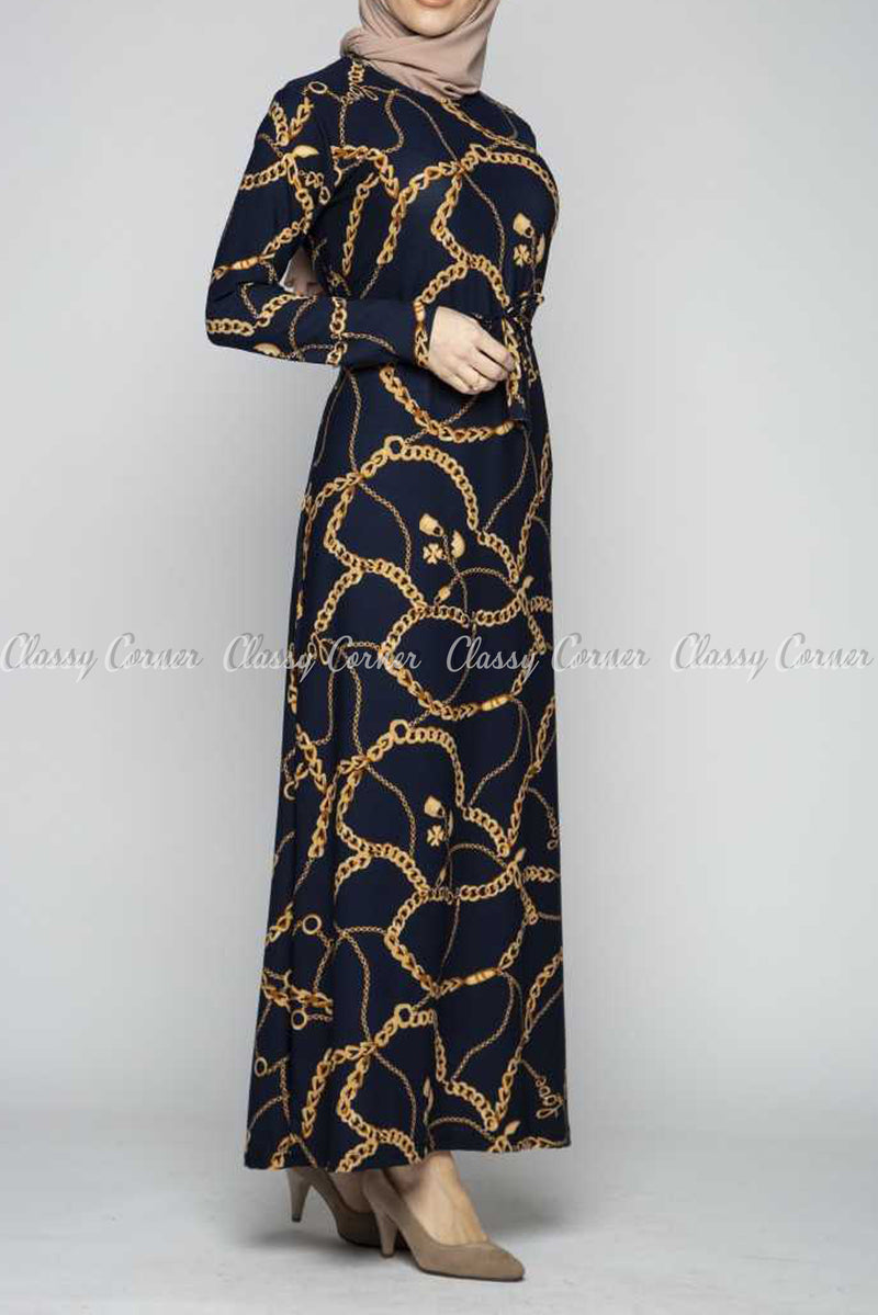 Gold Chain Print  Navy Blue Modest Long Dress - full front view