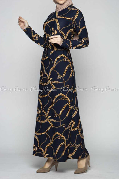 Gold Chain Print  Navy Blue Modest Long Dress - right side view