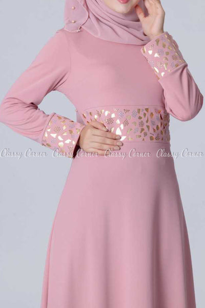 Gold and Silver Design Pink Modest Long Dress - closer view