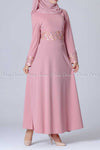 Gold and Silver Design Pink Modest Long Dress - front view