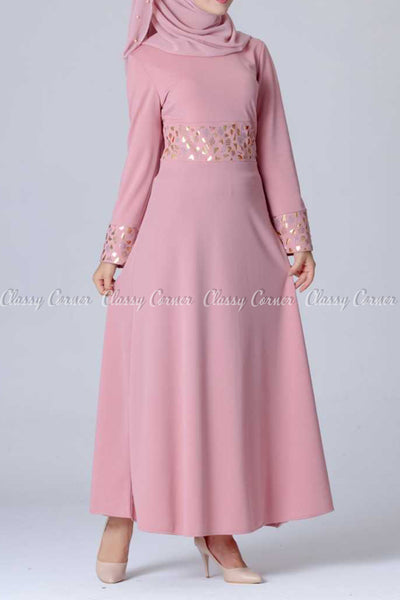 Gold and Silver Design Pink Modest Long Dress - front view