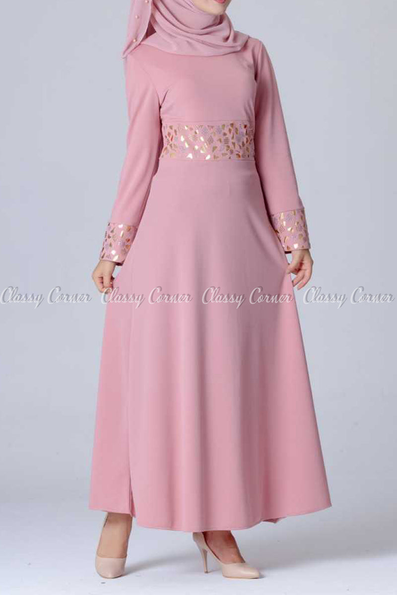 Gold and Silver Design Pink Modest Long Dress