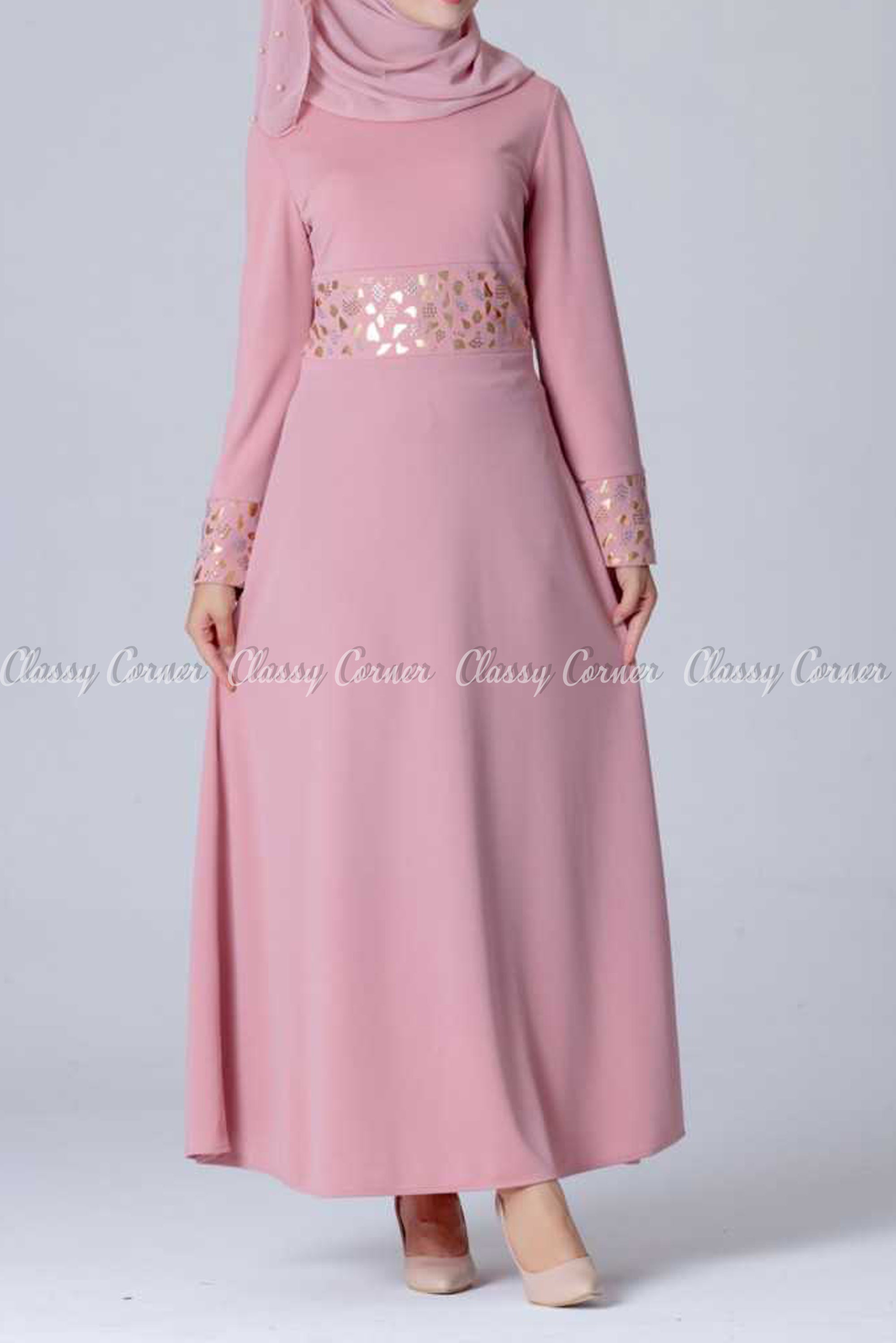Gold and Silver Design Pink Modest Long Dress - full front view