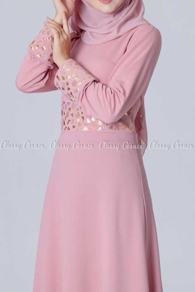 Gold and Silver Design Pink Modest Long Dress - right closer view