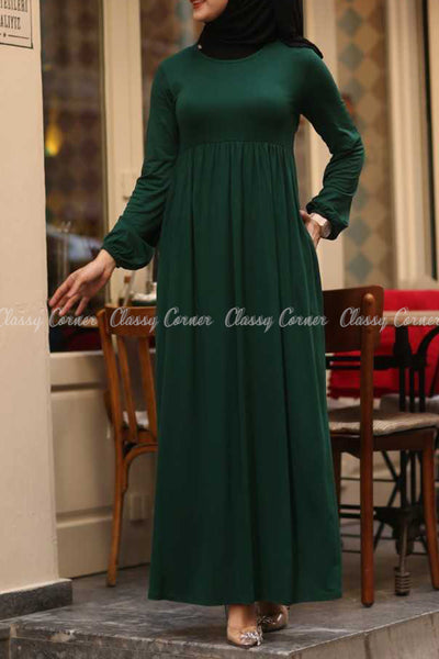 Green Modest Maternity Long Dress - front view