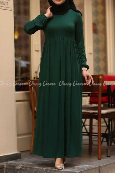 Green Modest Maternity Long Dress - -full front details
