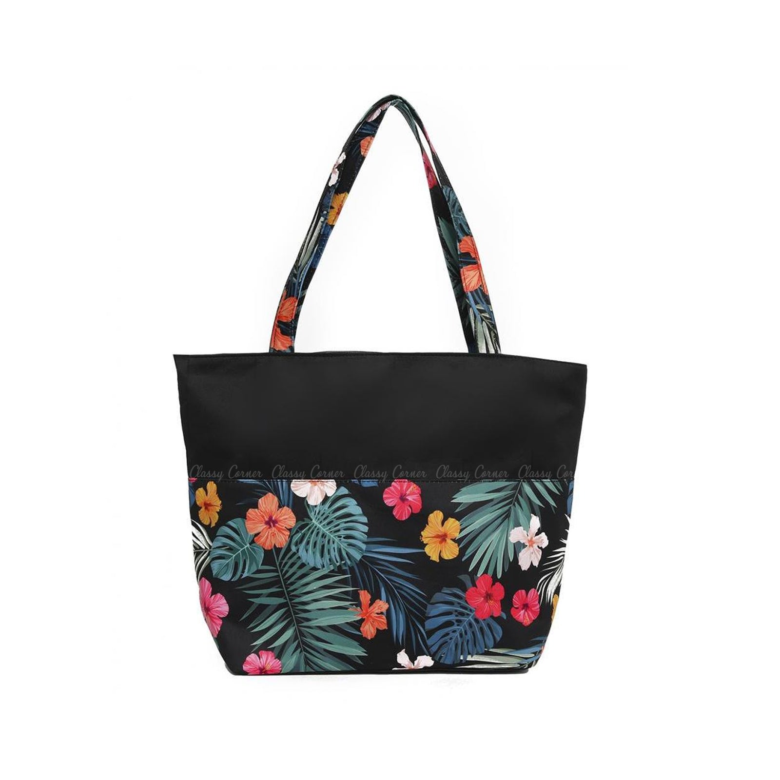 Multicolour Hawaiian Prints with Zipper Black Beach Tote Bag