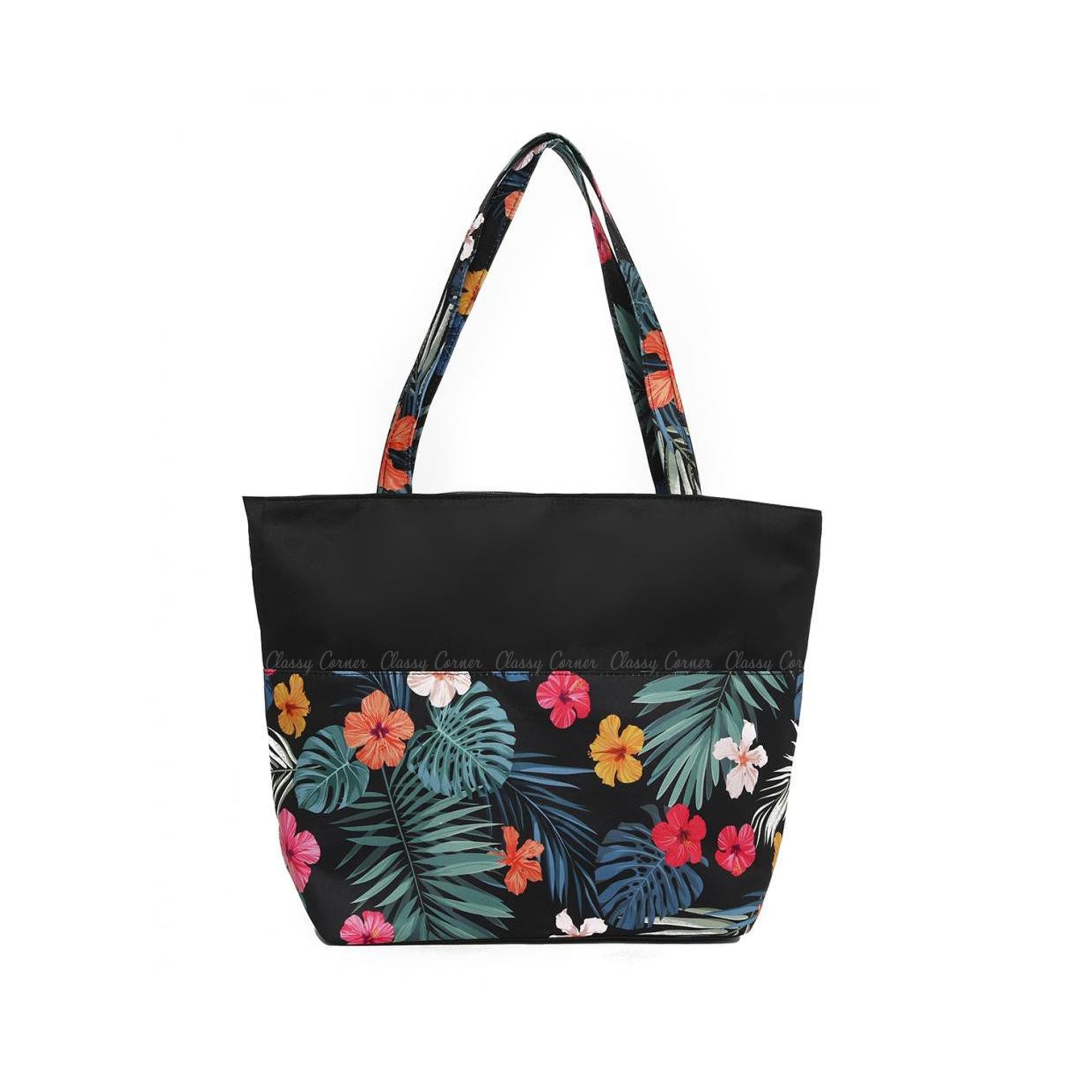 Multicolour Hawaiian Prints Black Beach Bag