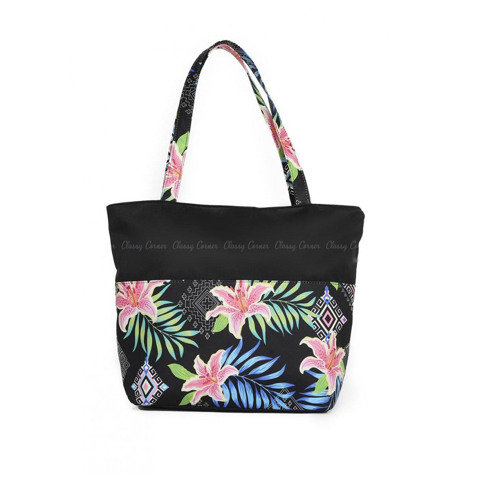 Multicolour Hawaiian and Aztec Prints with Zipper Black Beach Tote Bag