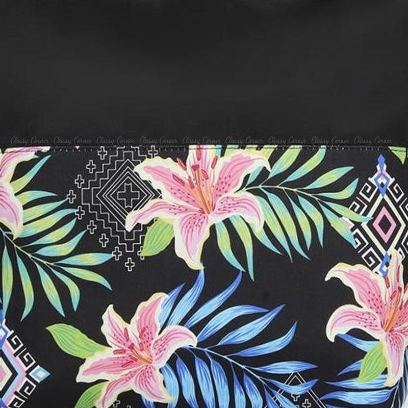 Multicolour Hawaiian and Aztec Prints with Zipper Black Beach Tote Bag