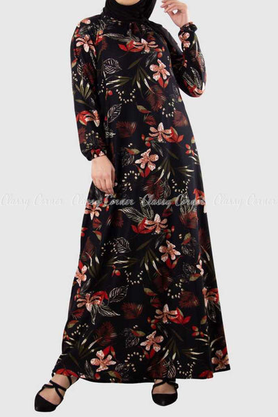 Hawaiian Floral Print Black Modest Long Dress