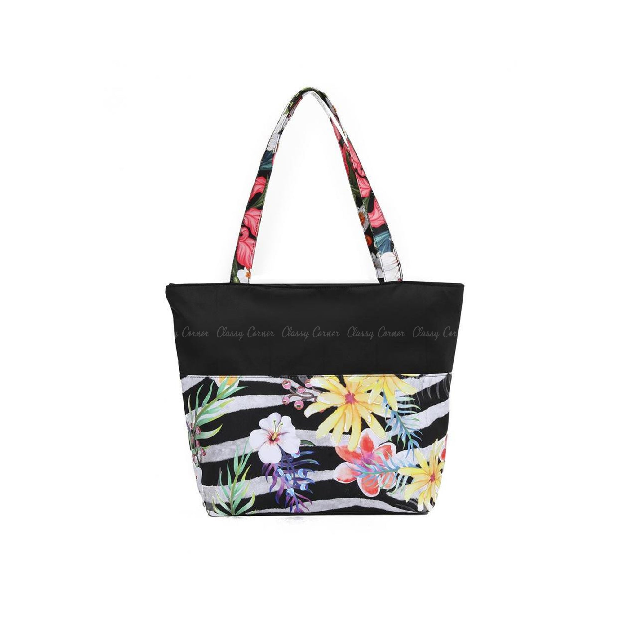 Multicolour Hawaiian and Zebra  Prints with Zipper Black Beach Tote Bag