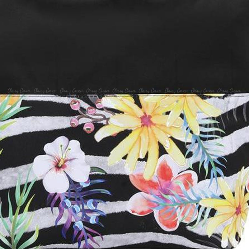 Multicolour Hawaiian and Zebra  Prints with Zipper Black Beach Tote Bag