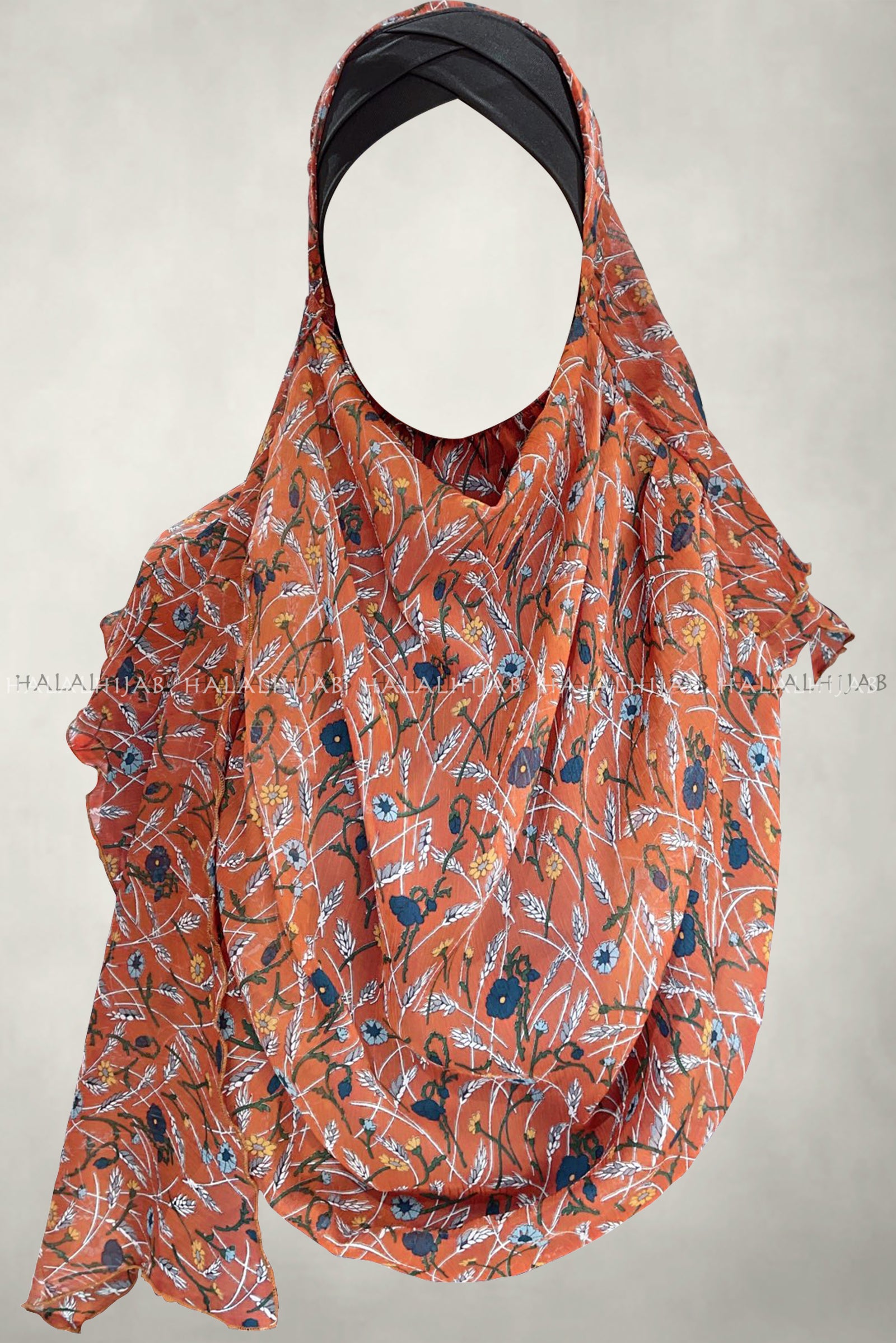 Hena Orange Blue Floral Soft Chiffon Instant Hijab