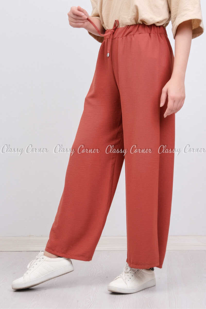 Elastic Waist Apple Red Modest Comfy Pants - front view