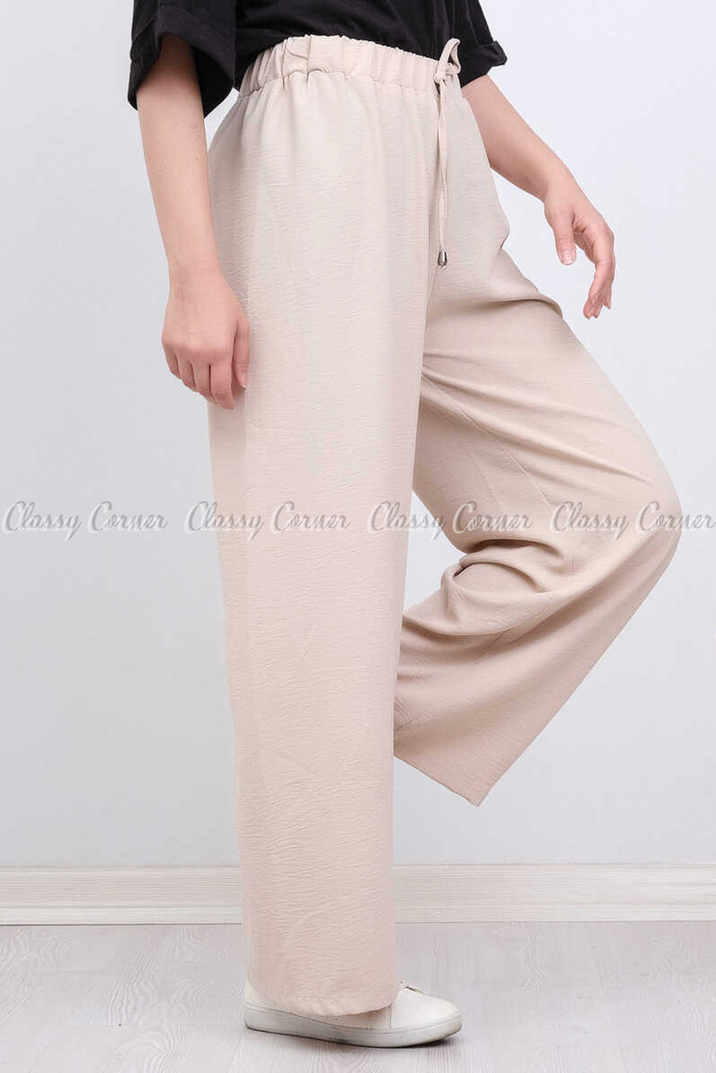 Elastic Waist Beige Modest Comfy Pants - front view