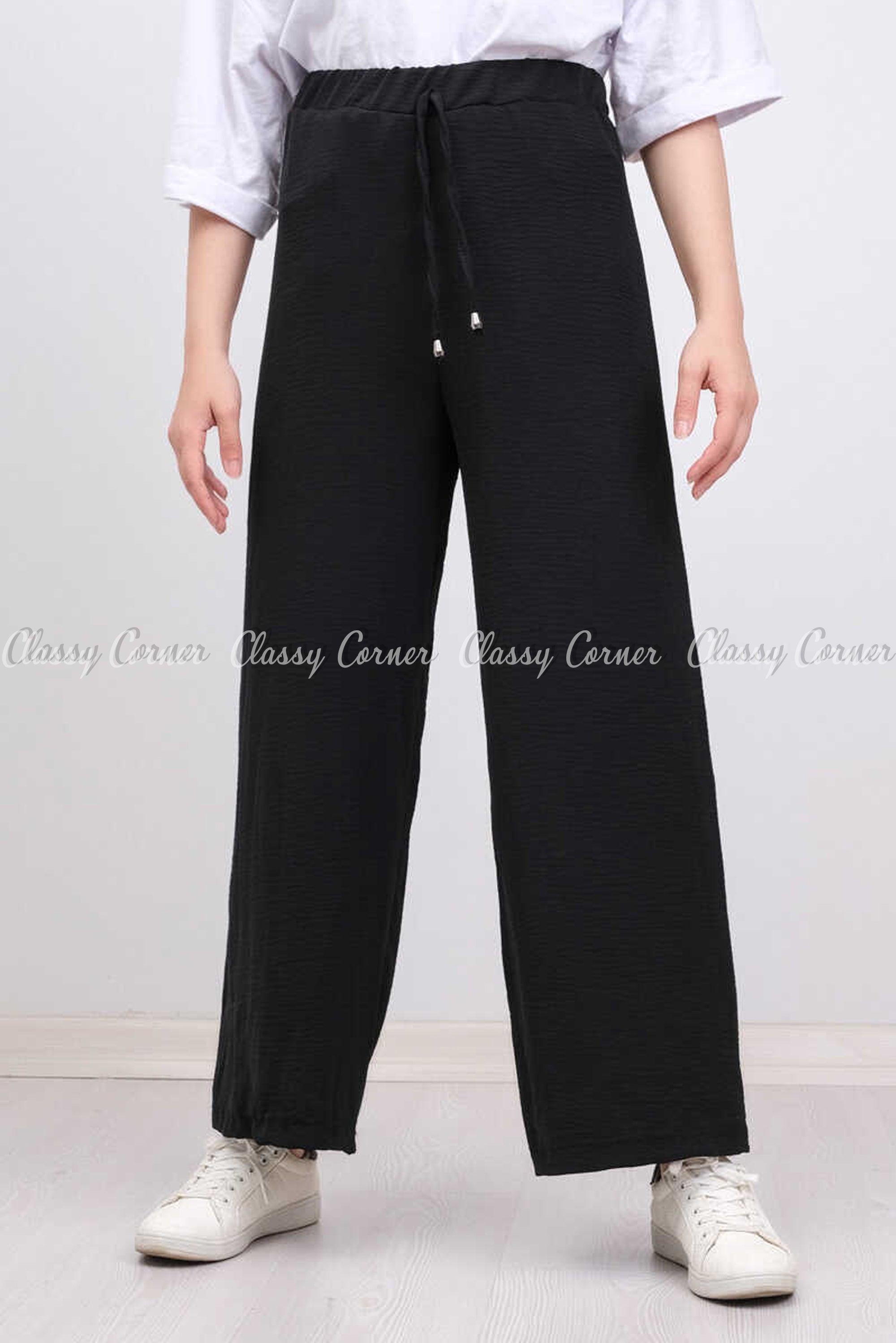 Elastic Waist Black Modest Comfy Pants - front view