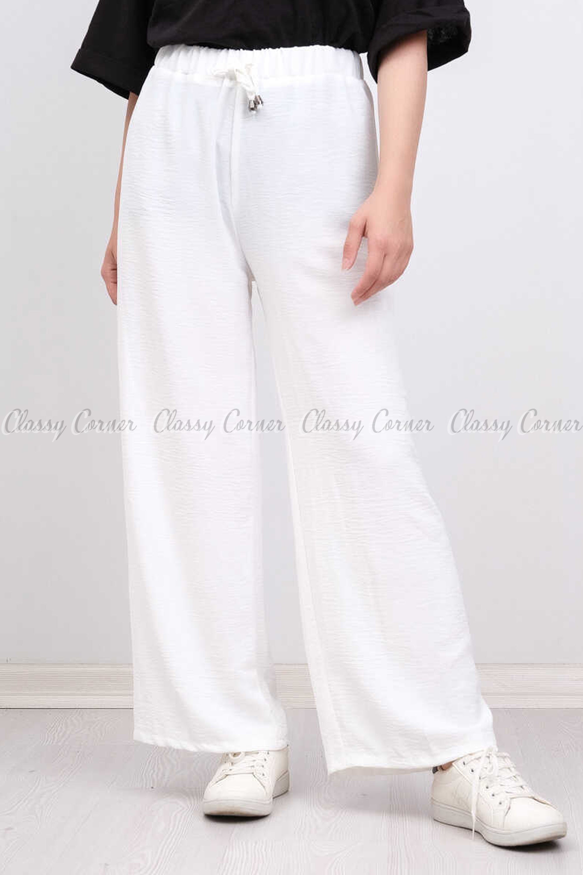 Elastic Waist White Modest Comfy Pants - full front view