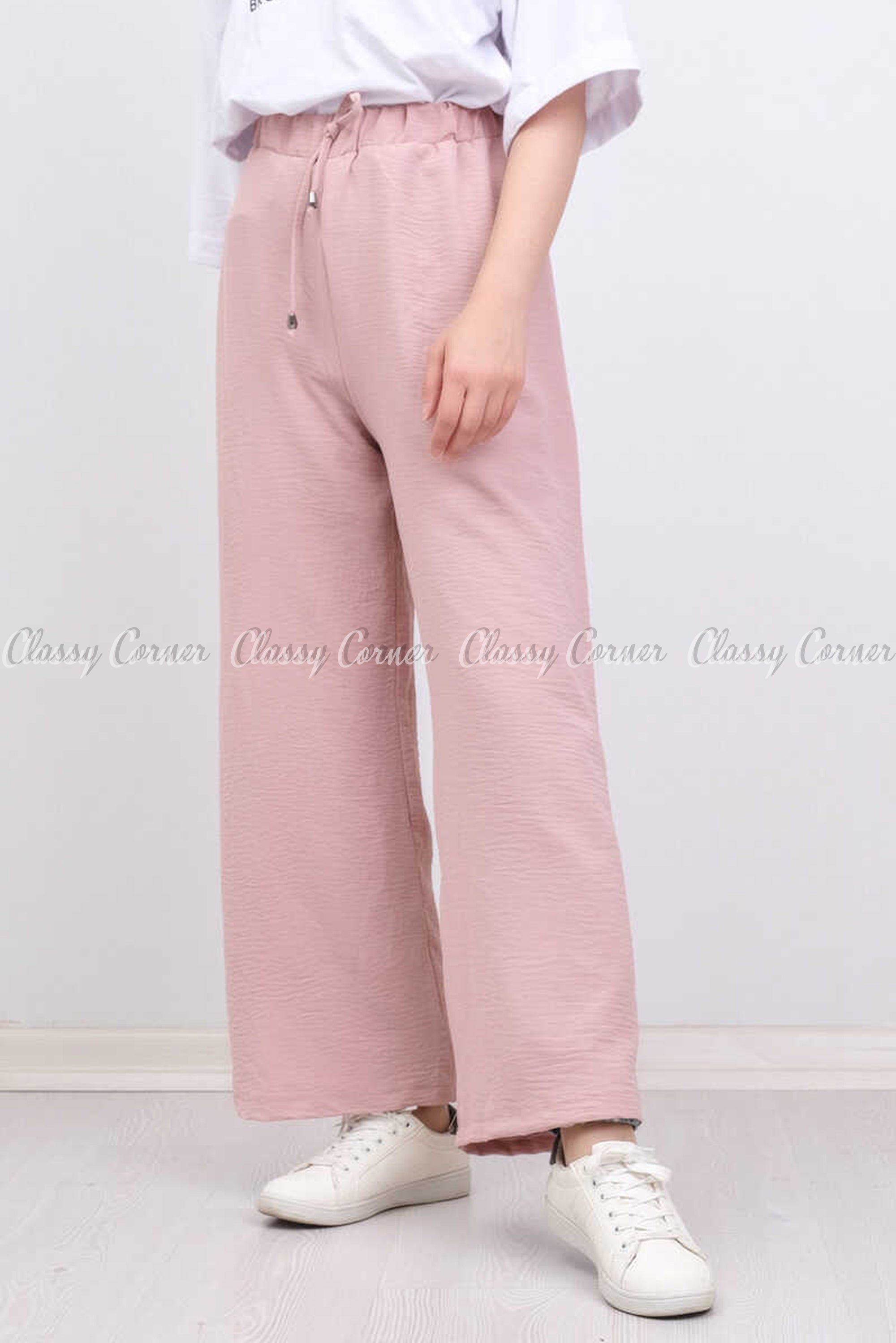 Elastic Waist Powder Pink Modest Comfy Pants - front view