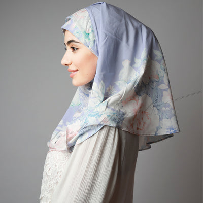 Light Blue Coral Floral Print Elegant Two Piece Instant Hijab