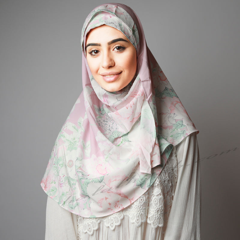 Light Dusty Pink Green Floral Printed Luxurious Instant Hijab