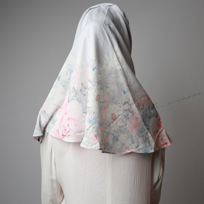 Light Matte Dusty Blue Pink Floral Printed Luxurious Instant Hijab