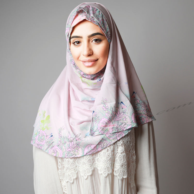 Light Sweet Pink Floral Border Print Two Piece Instant Hijab