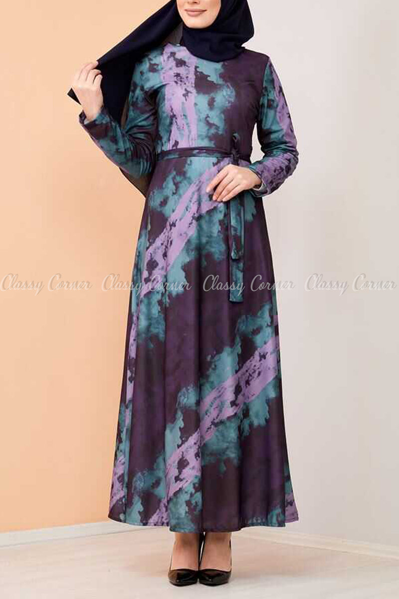 Lilac Tie-Dye Modest Long Dress - full front view
