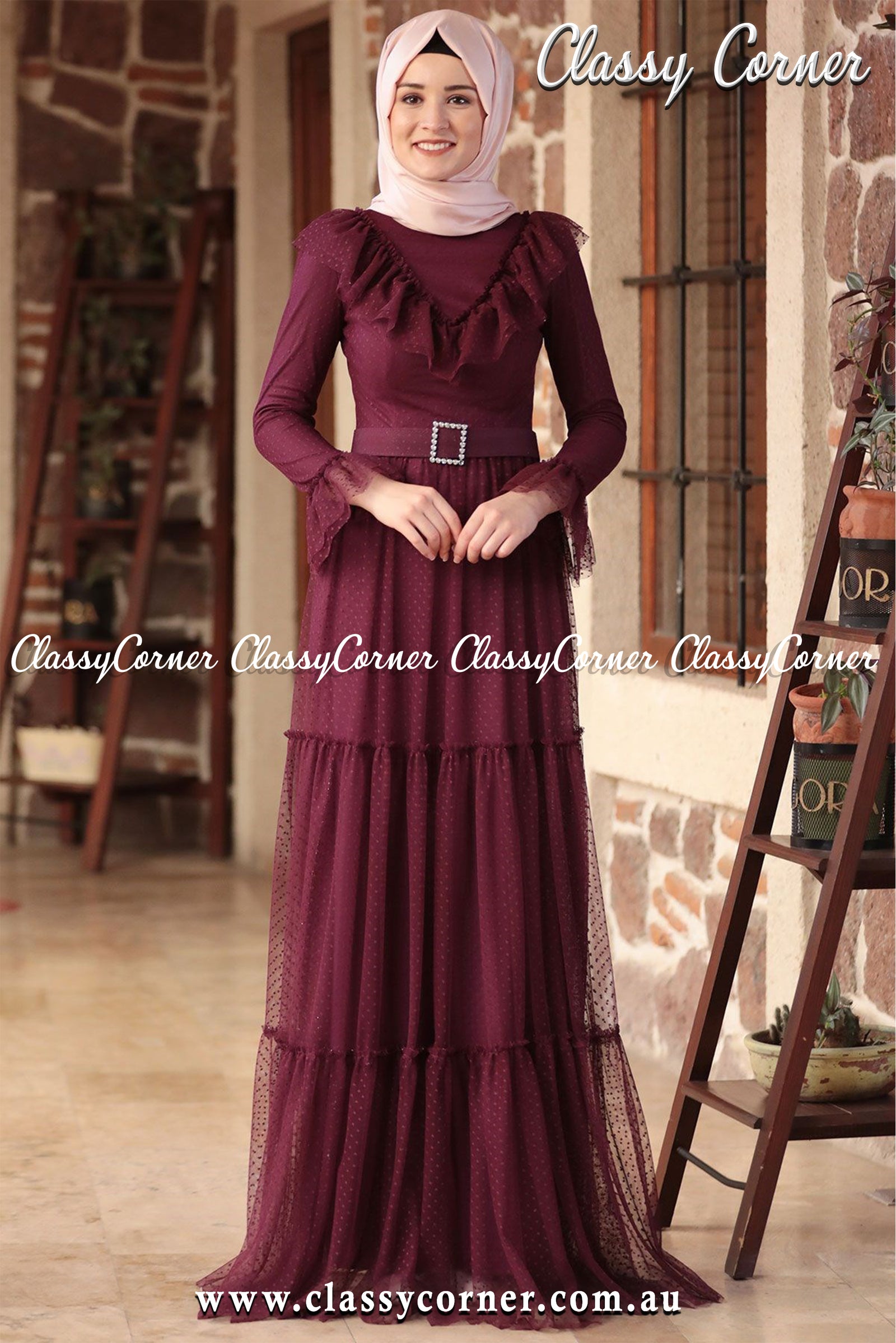 Maroon Layer Ruffled Evening Dress
