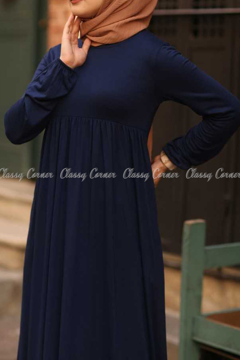 Midnight Blue Modest Maternity Long Dress - full front view
